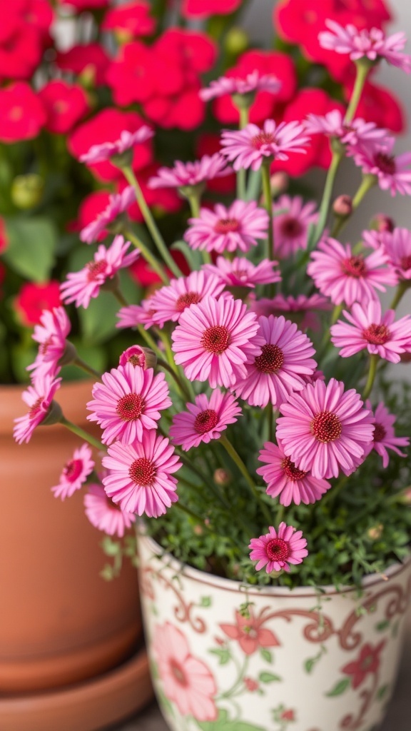 A pot of Pink Dianthus flowers with fringed petals and a decorative floral design.