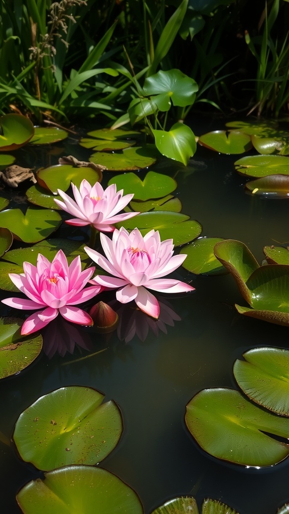 Three pink lilies blooming on a pond surrounded by green lily pads