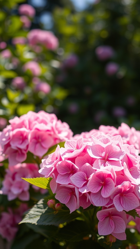 Close-up of pink hydrangeas in sunlight