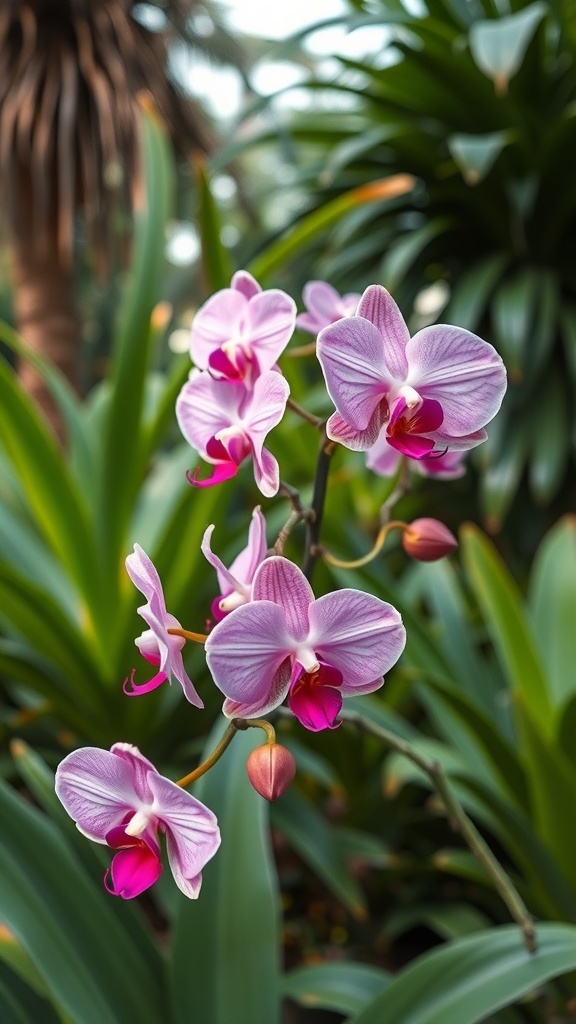 A cluster of pink orchids with smooth petals and vibrant accents against lush green foliage.