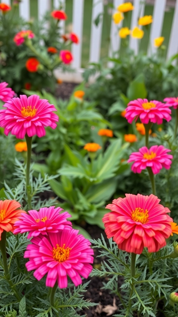 A vibrant display of pink marigolds in a garden, surrounded by green foliage and other colorful flowers.