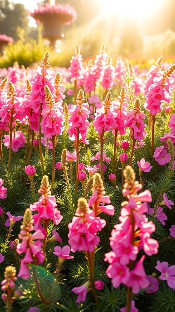 A vibrant flower bed filled with pink snapdragons under sunlight.