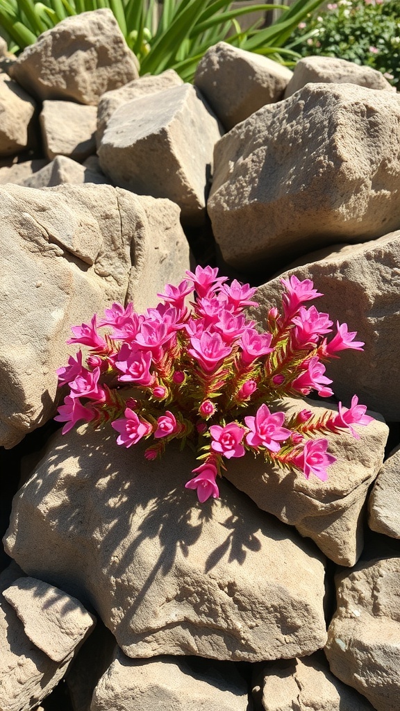 Pink Ice Plant blooming on a sunny rock wall