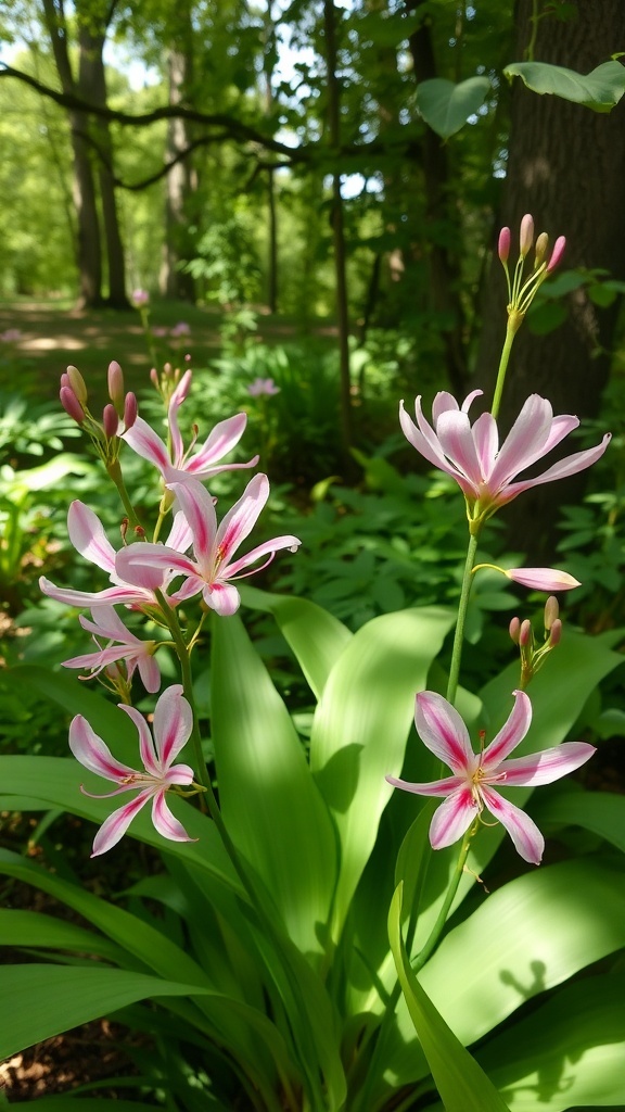 Pink Toad Lily flowers blooming in a woodland setting