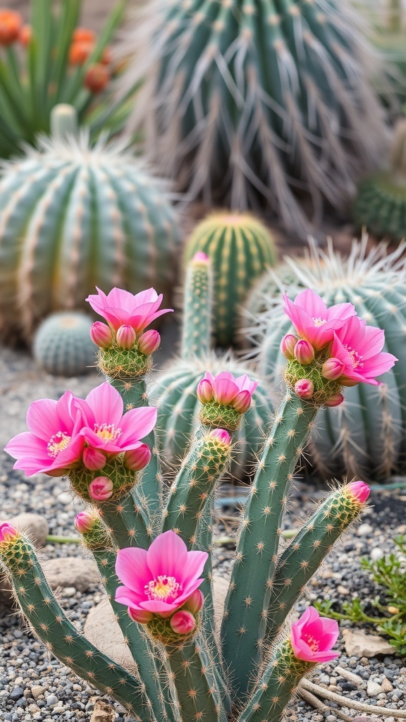 Pink flowering cacti with vibrant blooms in a desert setting