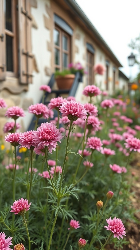 Pink yarrow flowers blooming in a cottage garden