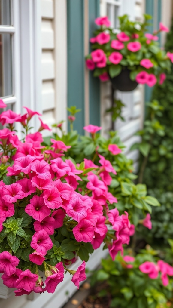 Vibrant pink petunias in window boxes, adding color to a home.