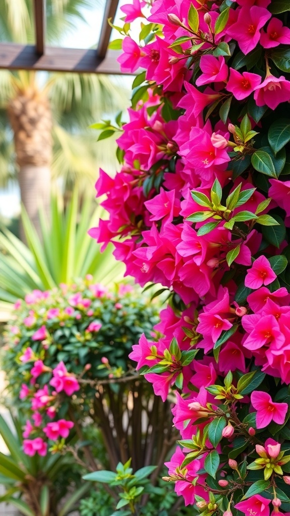 Pink bougainvillea climbing a trellis with lush green foliage