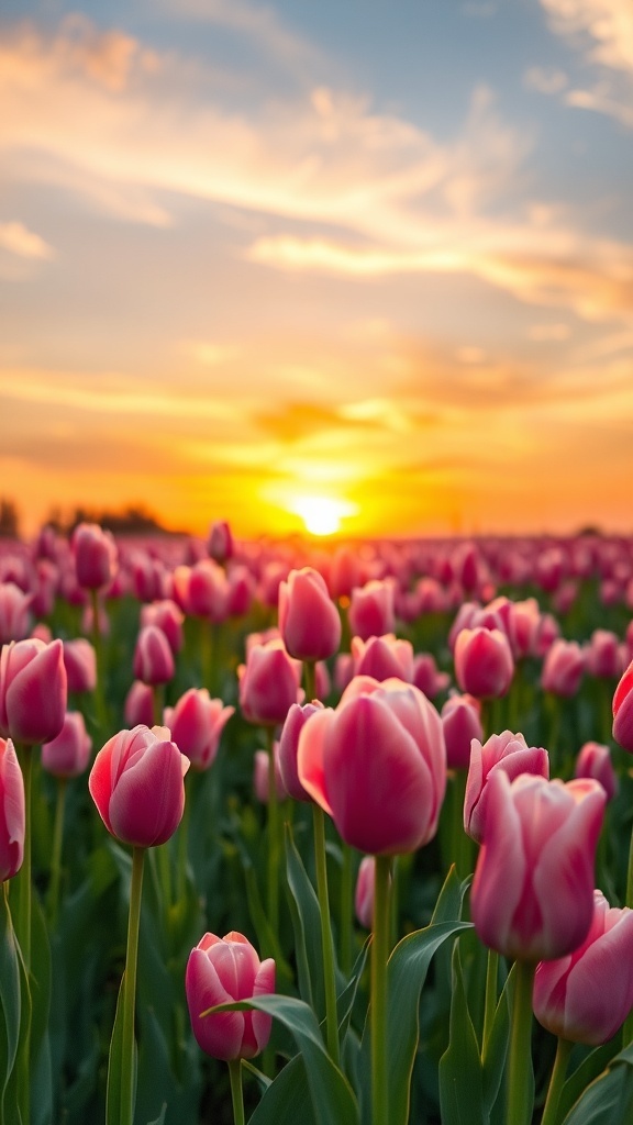 Field of pink tulips under a sunset sky