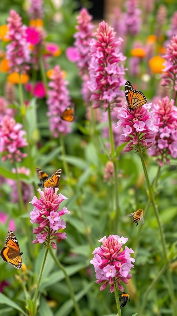 Pink Salvia flowers with butterflies and bees in a garden