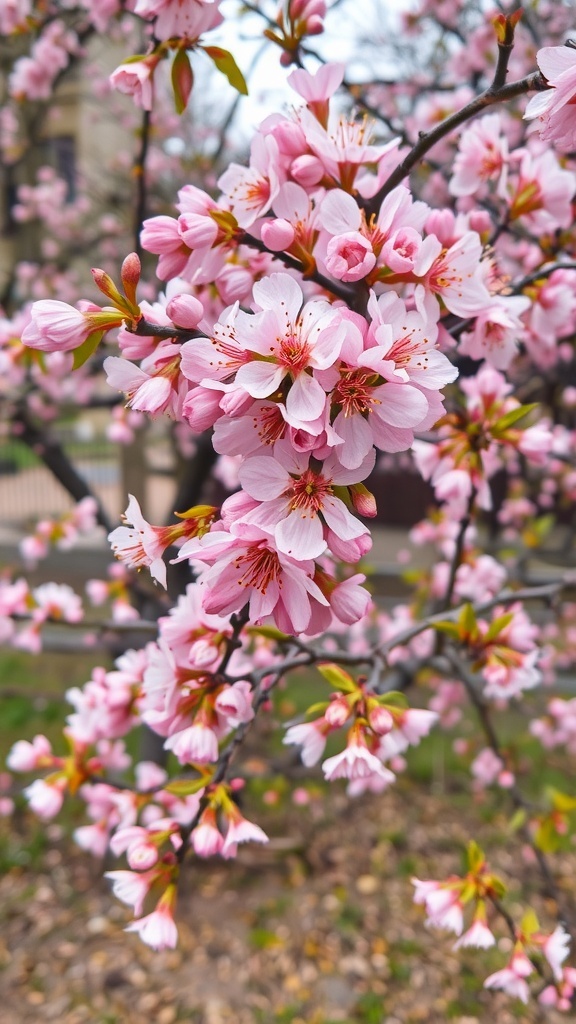 Close-up of Pink Flowering Almond Bush with clusters of pink flowers