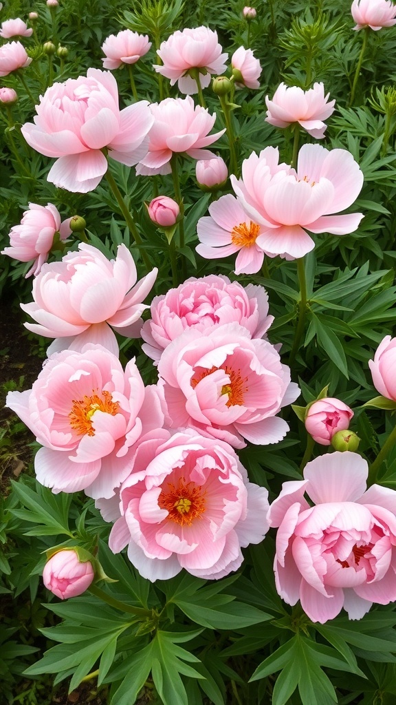 A cluster of pink peonies in full bloom, showcasing their delicate petals and lush green leaves.