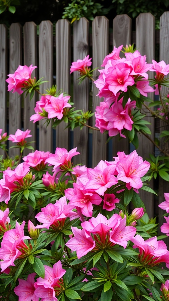 Pink azaleas in full bloom against a wooden fence