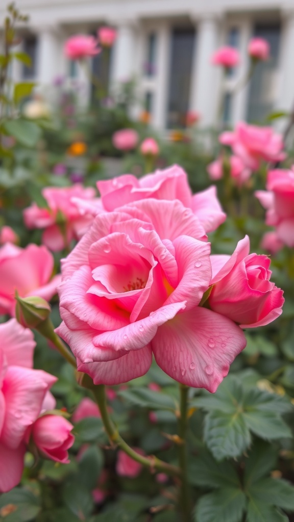 Close-up of pink roses with dew drops in a garden