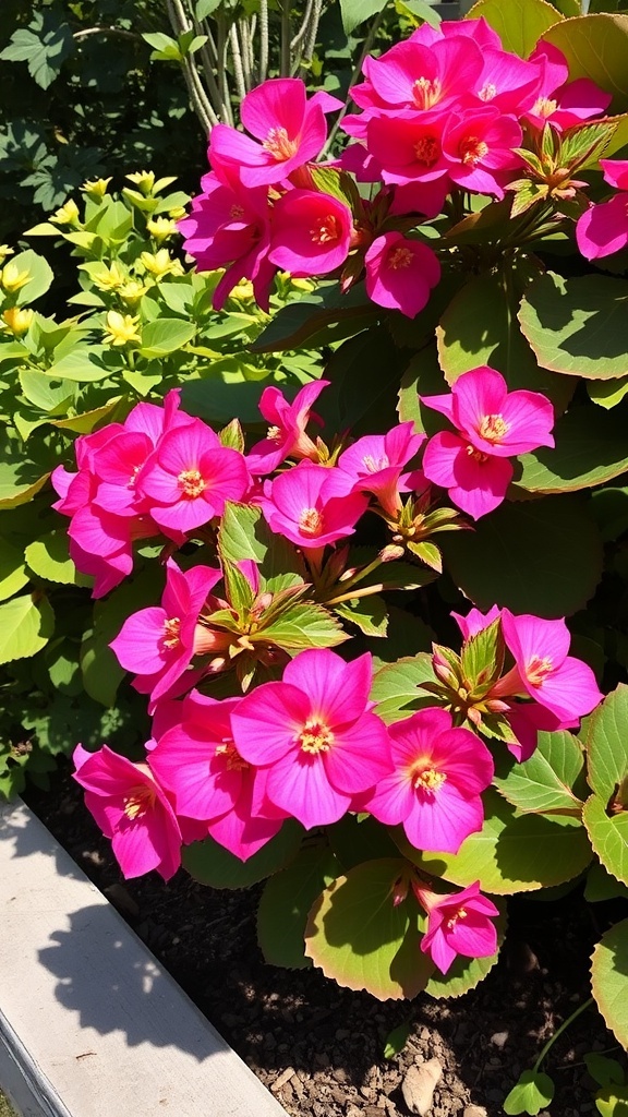 A cluster of vibrant pink wax begonias in a garden setting, showcasing their bright flowers and lush green leaves.