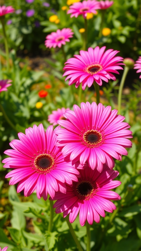 A cluster of bright pink Gerbera daisies in full bloom, showcasing their vibrant petals and dark centers.
