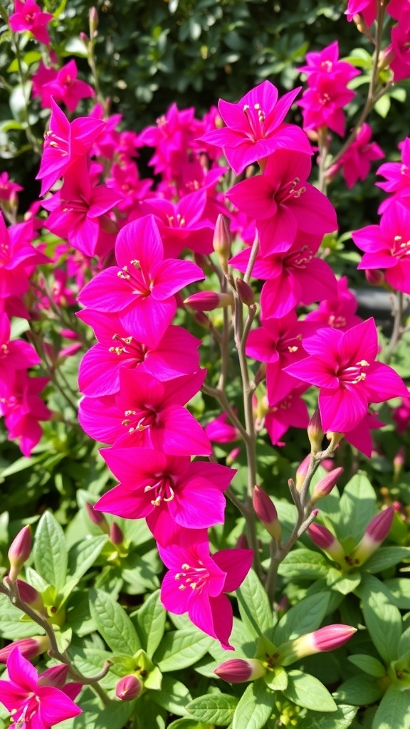 Close-up of vibrant fuchsia flowers in bloom, showcasing bright pink petals and lush green leaves.