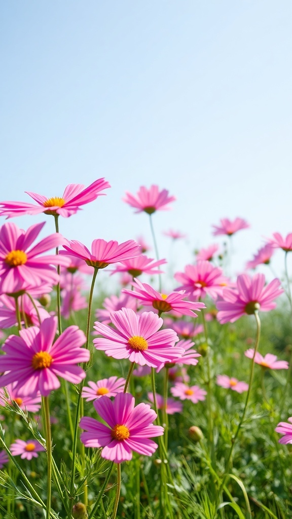 A field of pink cosmos flowers under a clear blue sky