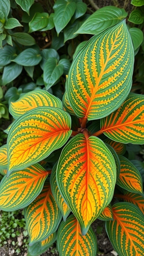 Close-up of vibrant green and orange Maranta leaves