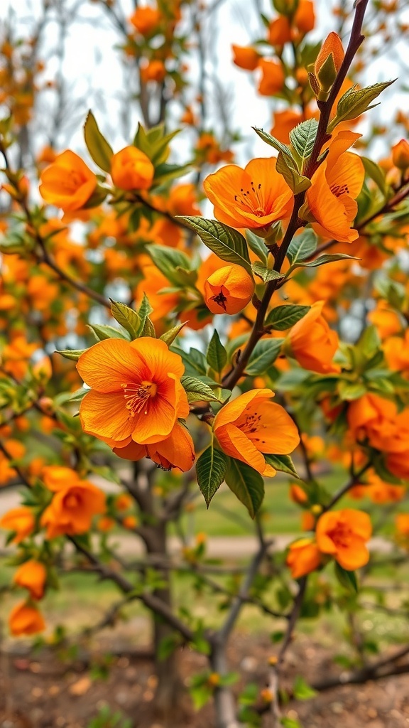 Close-up of orange flowering quince blooms on a bush