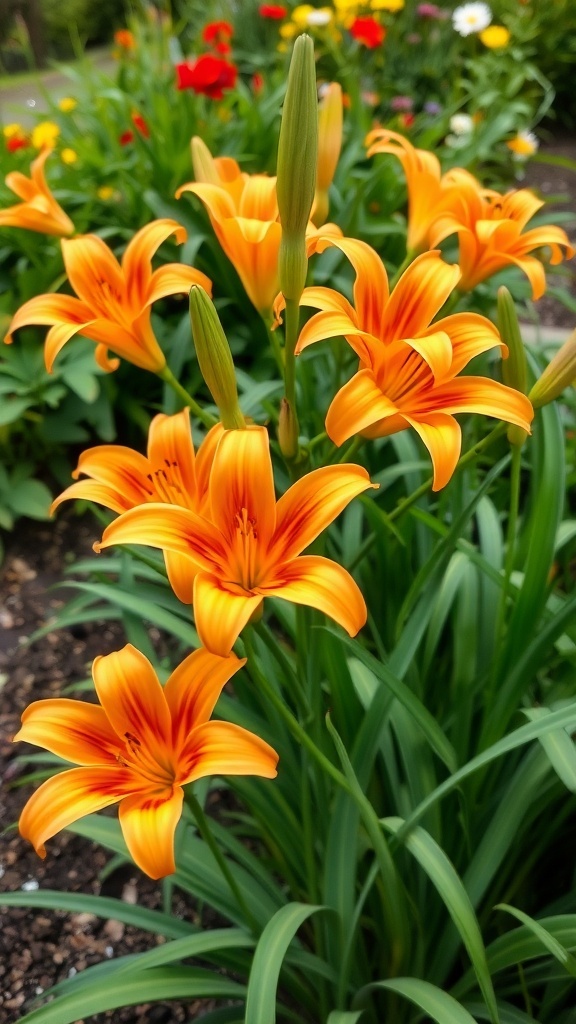 A cluster of vibrant orange Peruvian lilies in a garden setting.