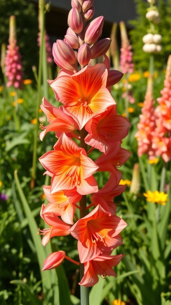 Orange delphinium flowers in a garden with colorful blooms