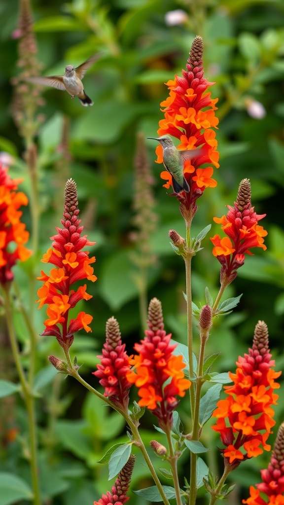 Orange Salvia flowers with hummingbirds hovering around them