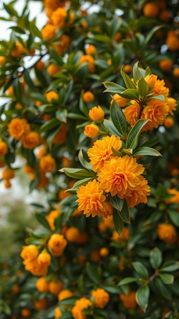 Bitter Orange tree blossoms with vibrant orange flowers and green leaves