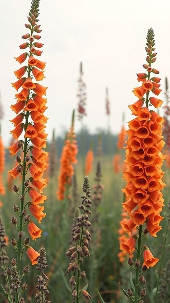 Tall spikes of orange foxglove flowers in a garden