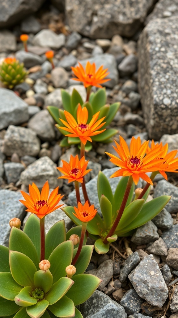 Orange Ice Plant with bright orange flowers growing among rocks