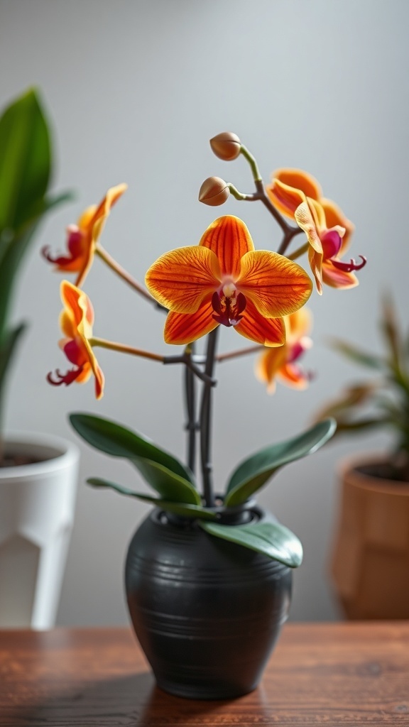 A vibrant arrangement of orange orchids in a black pot on a wooden table.