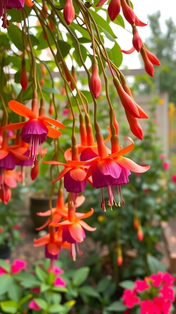 Close-up of orange fuchsia flowers hanging from a plant
