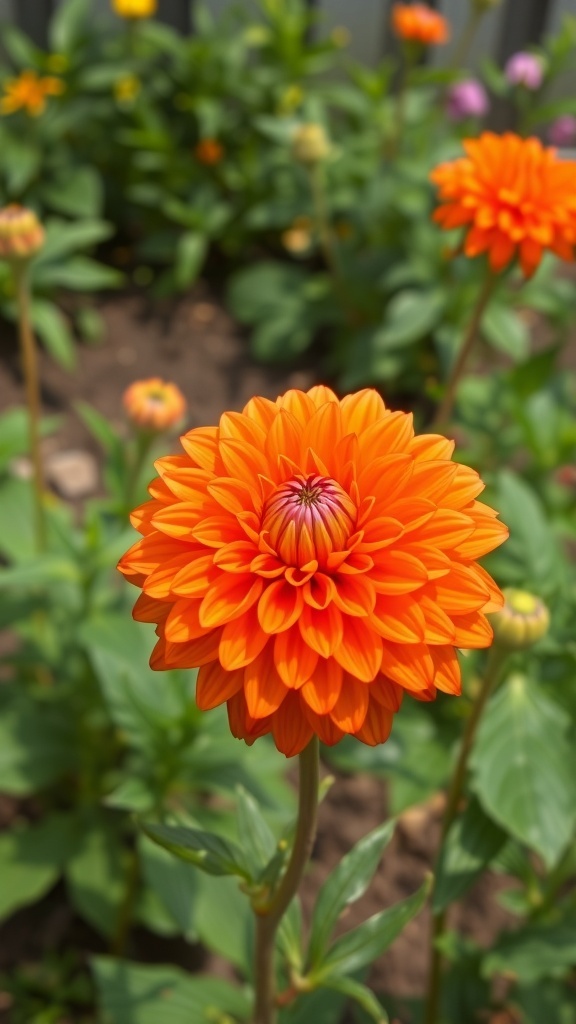 A vibrant orange dahlia flower in full bloom with layered petals.