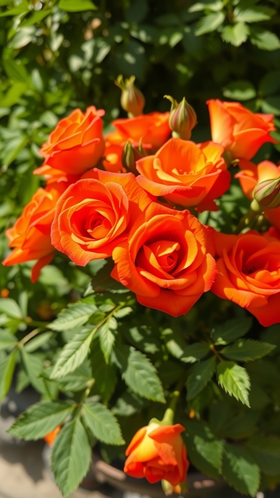 A close-up of vibrant orange roses in full bloom, surrounded by green leaves.