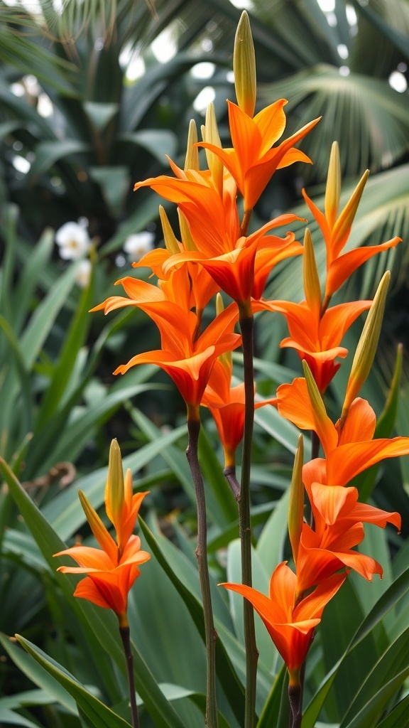 Vibrant orange canna lily flowers against green foliage