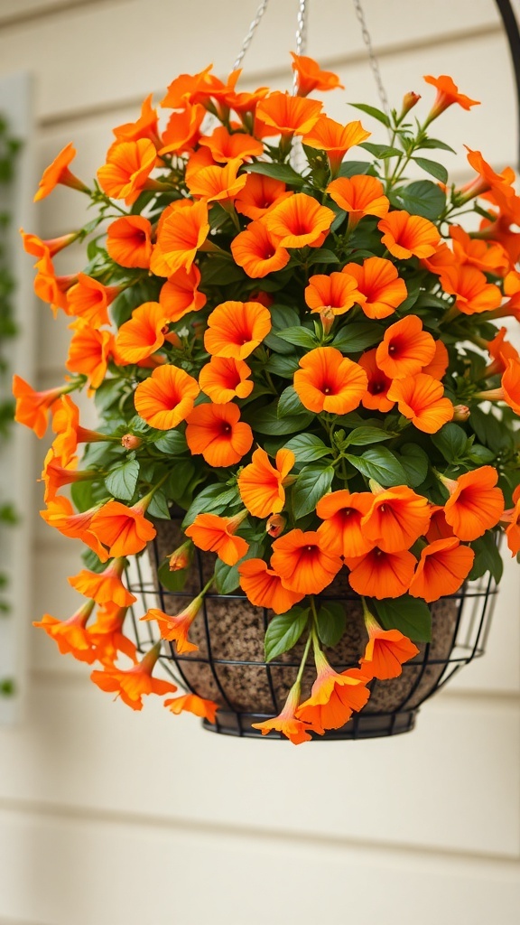A hanging basket filled with vibrant orange petunias.