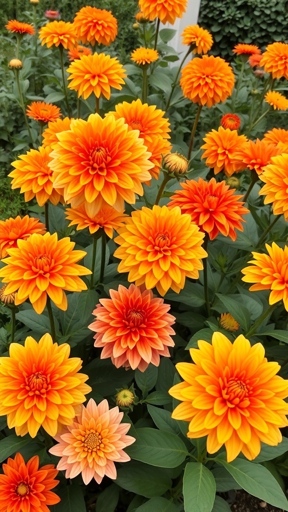 A vibrant display of orange dahlias in full bloom, showcasing their layered petals and rich colors.