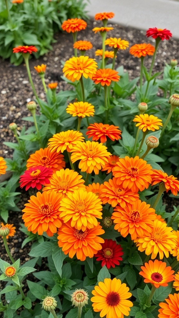 A vibrant display of orange zinnia flowers in a garden setting