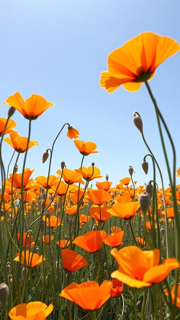 A field of bright orange California poppies under a clear blue sky.