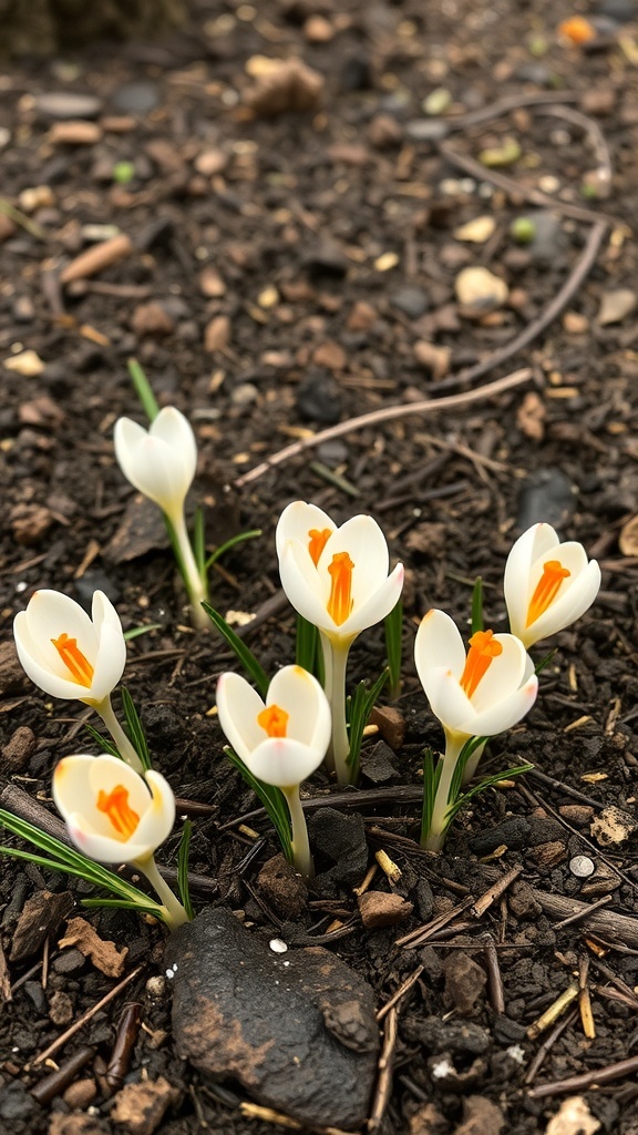 A cluster of saffron crocus flowers with white petals and orange centers, growing in dark soil.