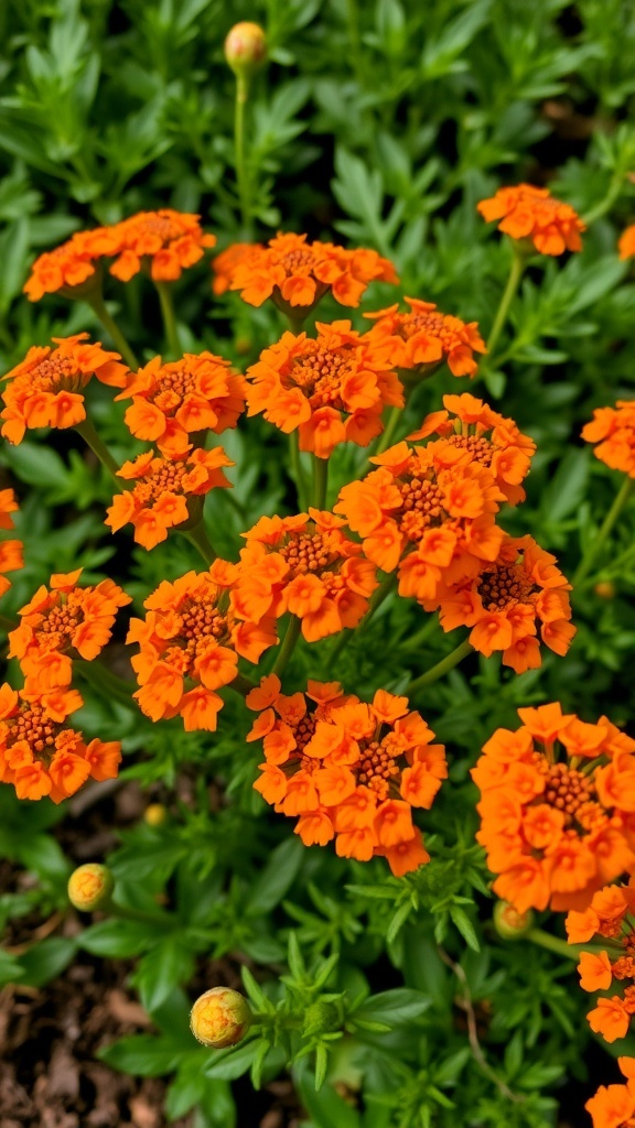 A vibrant display of orange yarrow flowers with green foliage in the background.