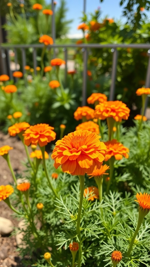 A vibrant display of orange marigold flowers in a garden