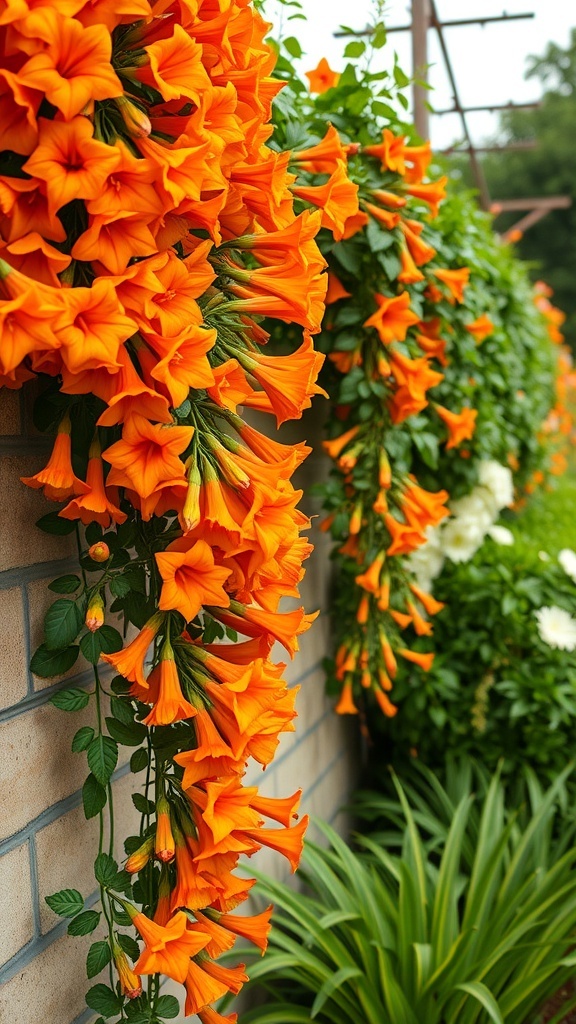 Vibrant orange bellflowers cascading down a wall, surrounded by green foliage.
