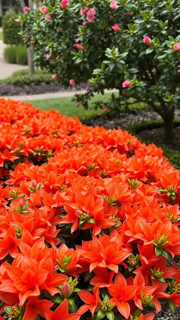 A vibrant display of orange azaleas in full bloom, showcasing their bright petals and lush green foliage.