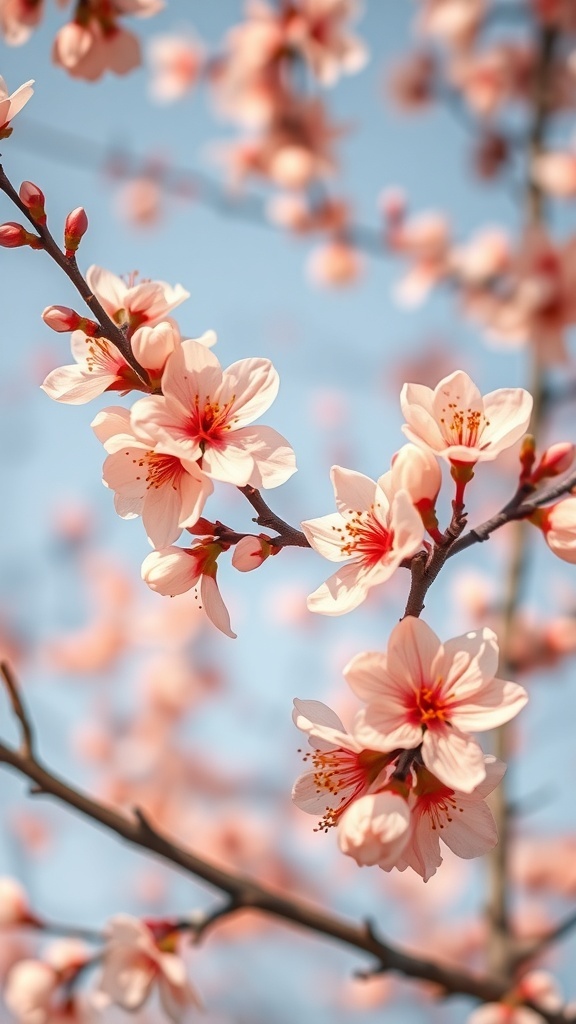 Close-up of peach blossoms with soft pink petals against a blue sky.