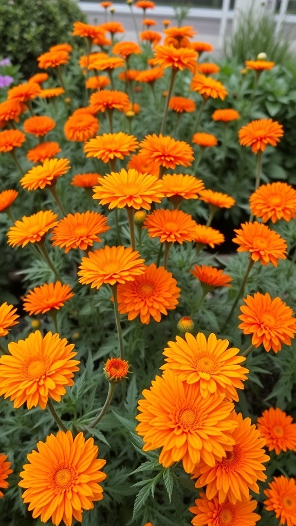 A vibrant display of orange chrysanthemums blooming in a garden