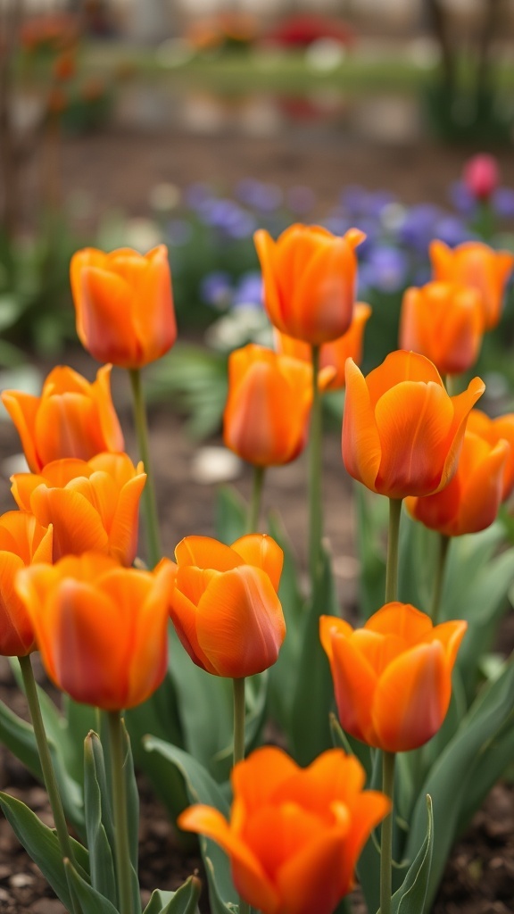 A vibrant cluster of orange tulips in a garden setting.