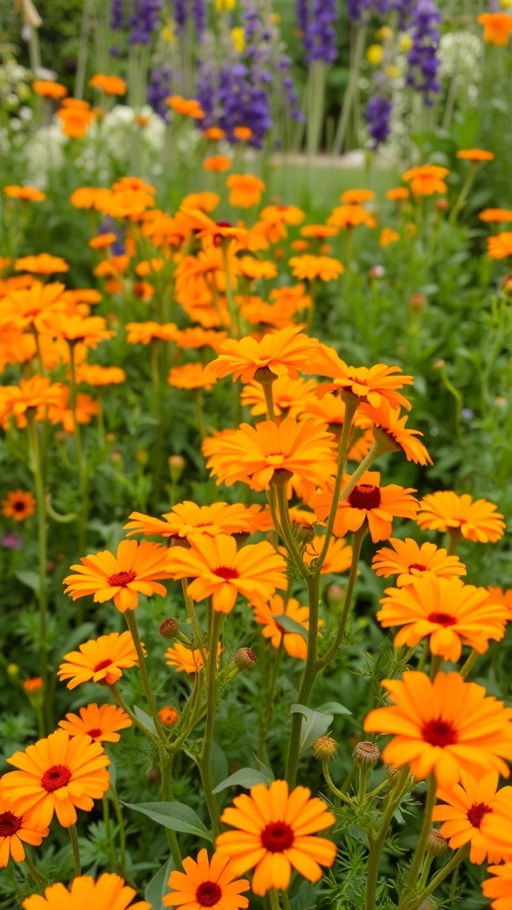 A vibrant display of orange stocks blooming in a garden