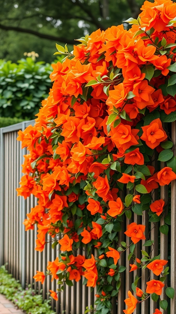 Vibrant orange bougainvillea flowers climbing a wooden fence