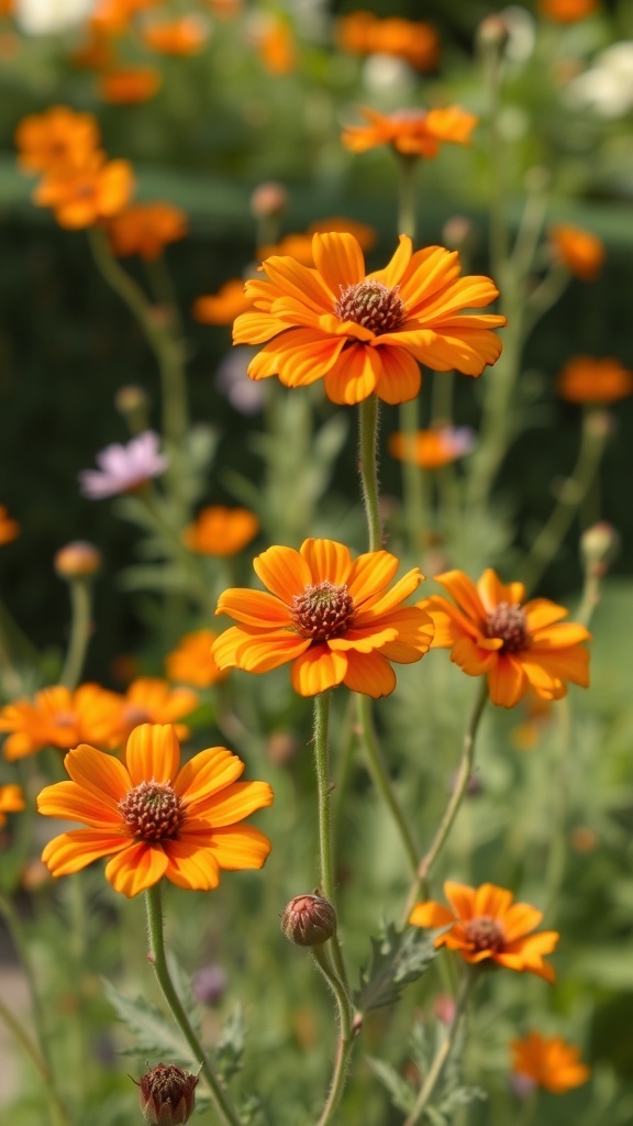 A cluster of bright orange Scabiosa flowers in a garden.